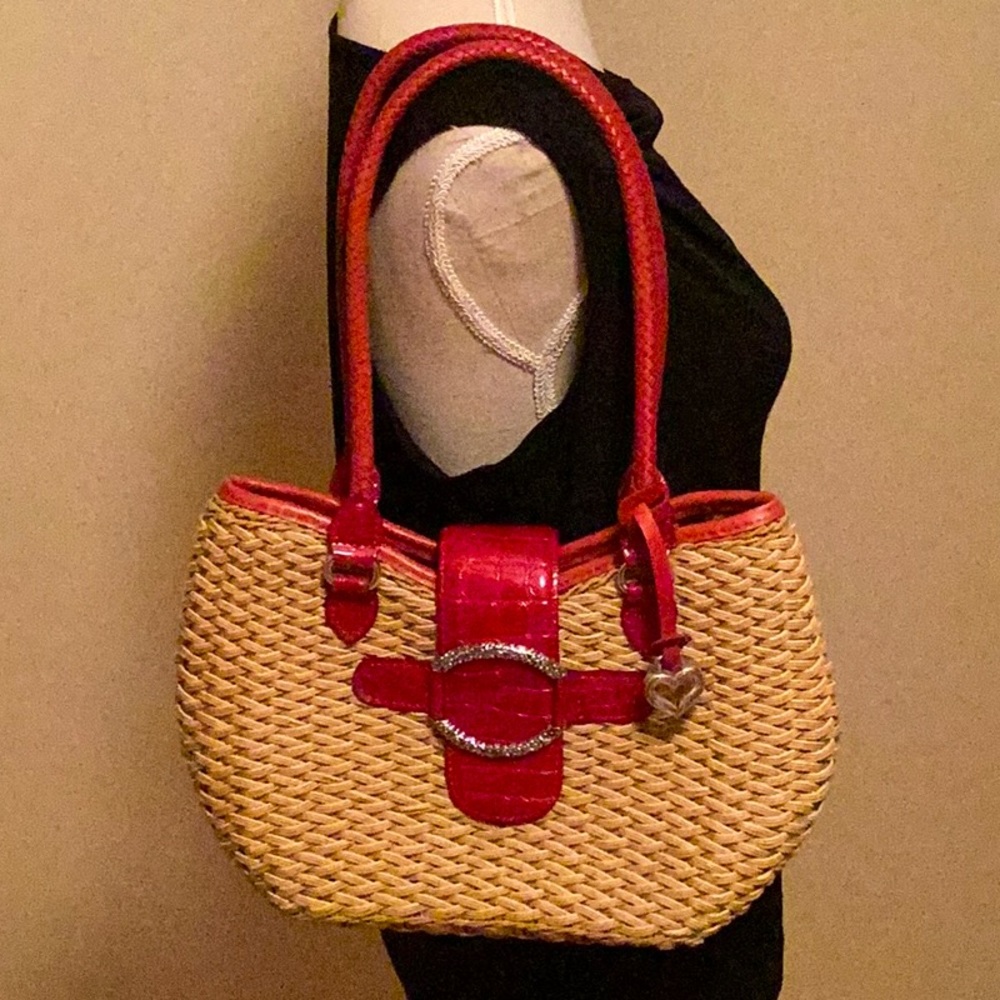 Vintage Brighton Wicker Shoulder Bag with Red Leather and Silvertone Hardware